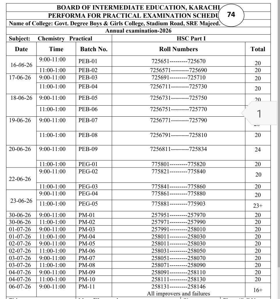 BIEK Karachi HSC Chemistry Practical Schedule 2026 Out