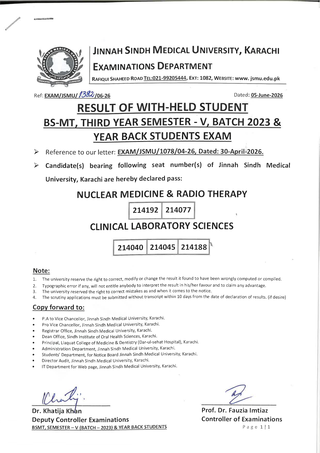 JSMU Releases BSMT Program Exam Results 2026