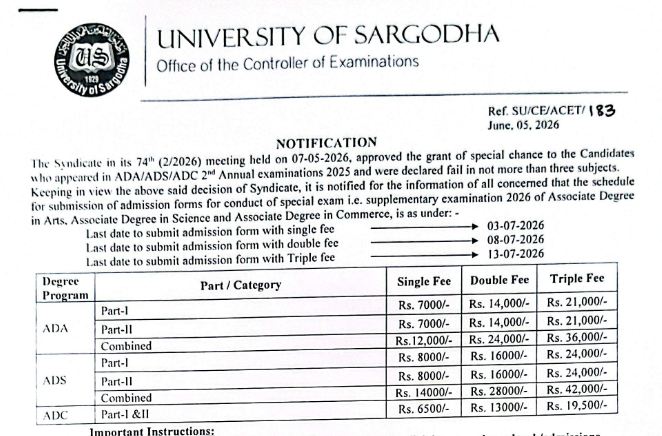 Fast Sargodha University Supplementary Exam Schedule 2026 Update