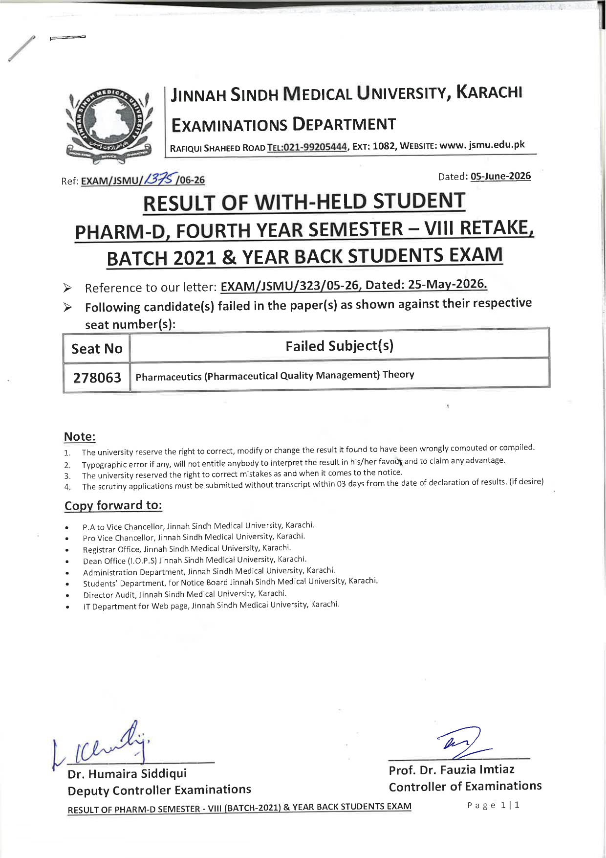 JSMU Announces Result 2026 for PharmD Semester VIII Retake Exams