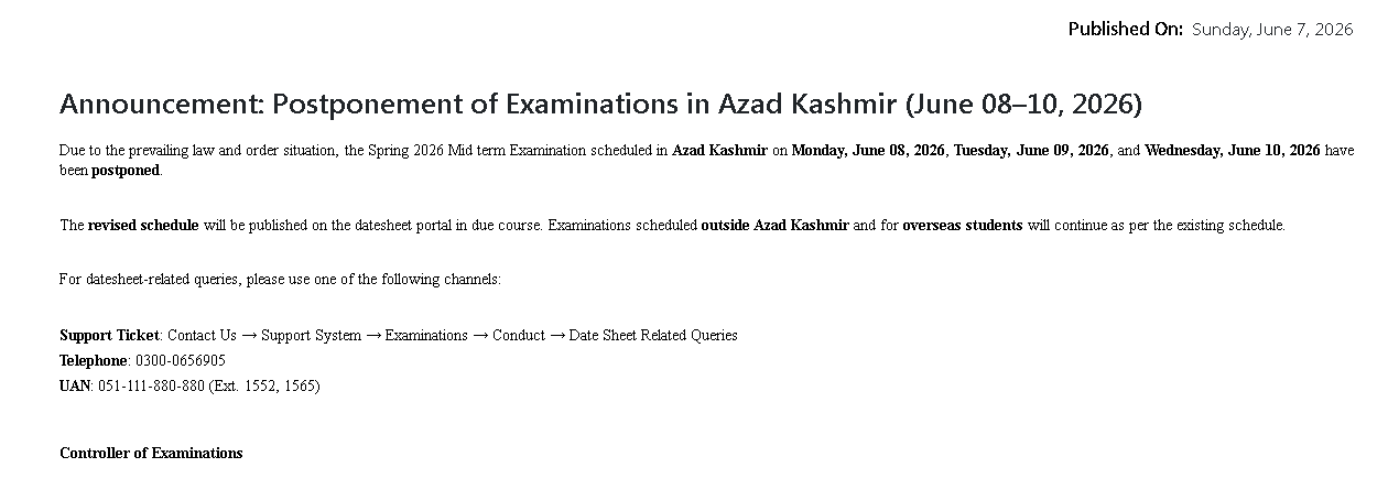VU Postpones Spring 2026 Mid Term Exams in Azad Kashmir Centers