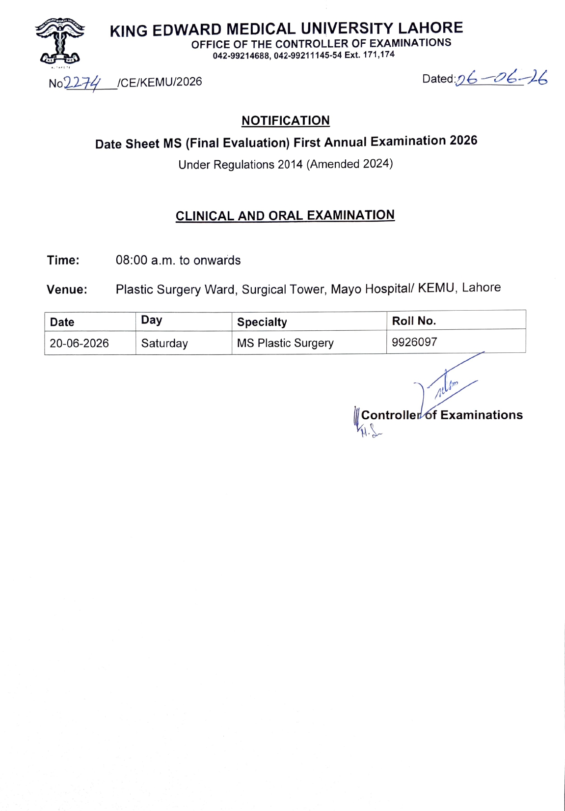 KEMU Releases MS & MD Program Exams Date Sheet 2026