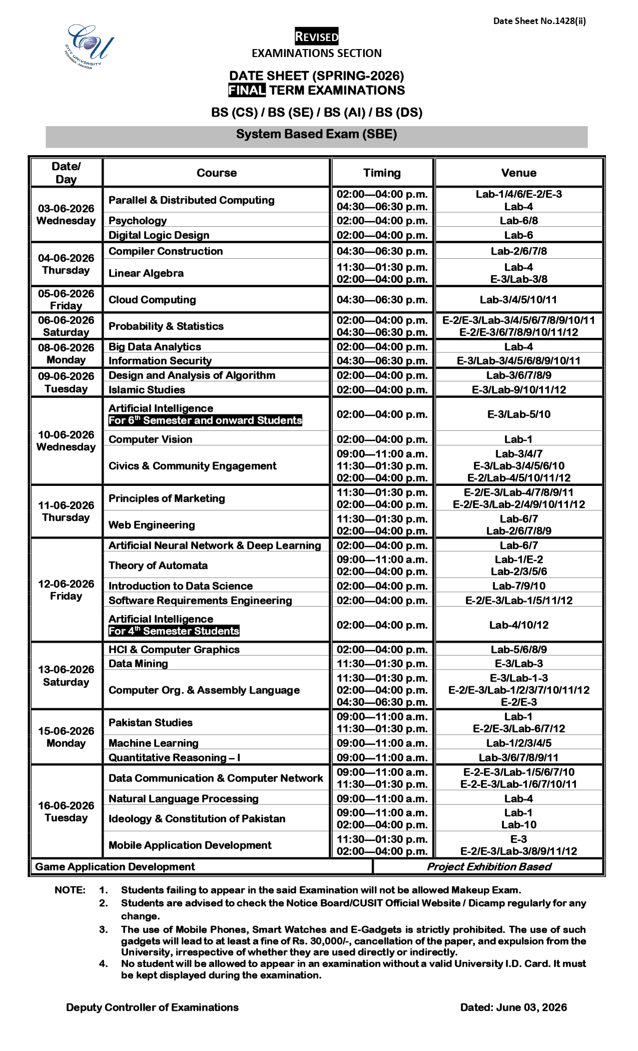 CUSIT Releases BSCS, BSSE, BSAI & BSDS Exam Date Sheet 2026