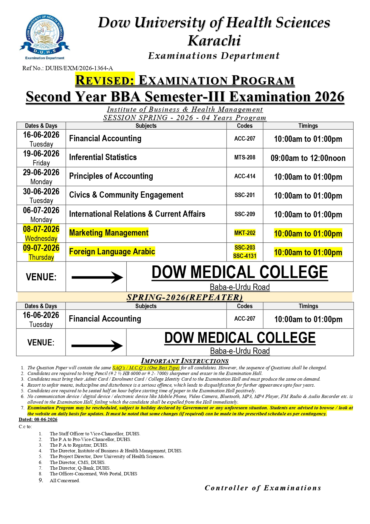 DUHS Announces BBA 2nd Year Date Sheet 2026