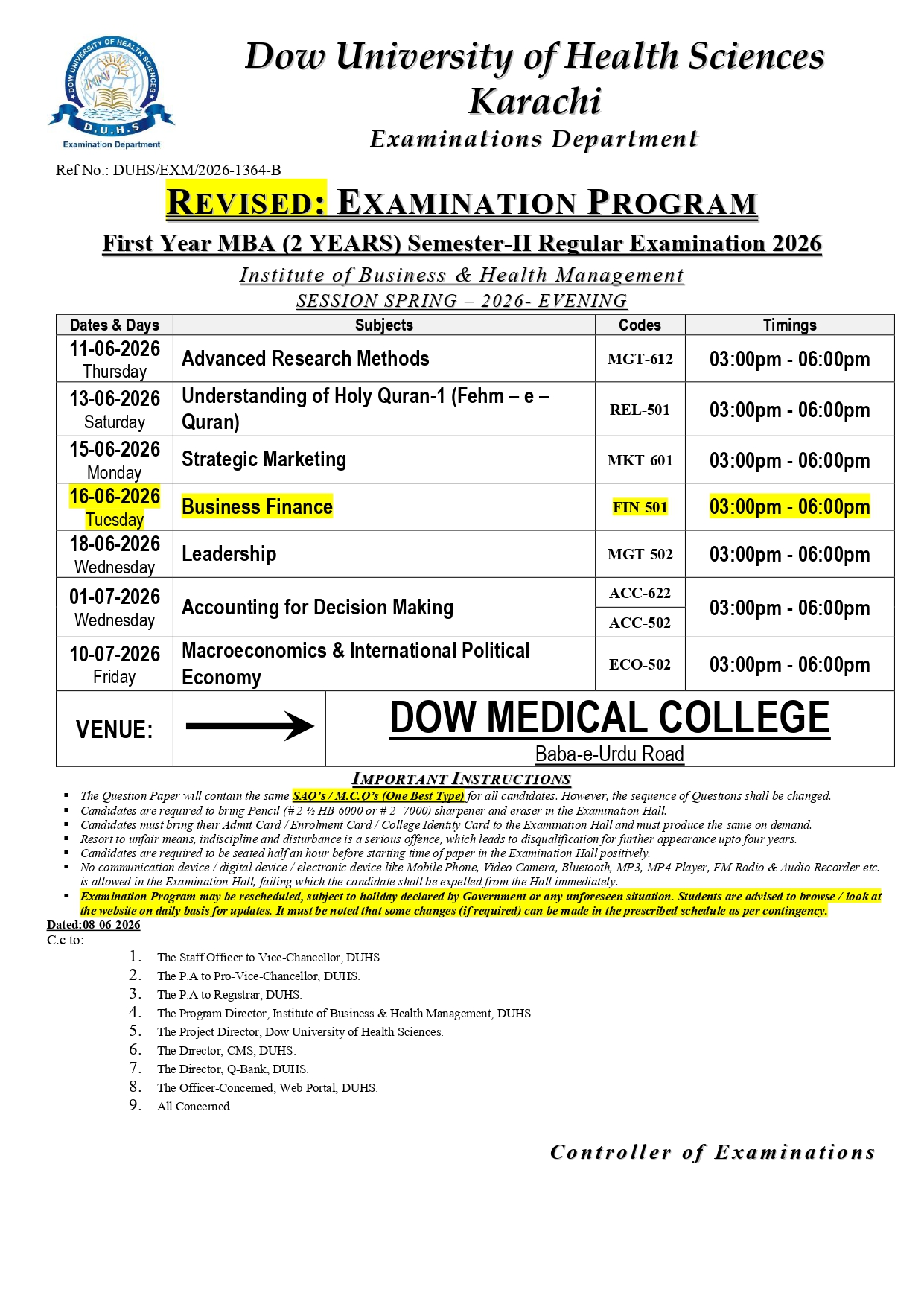 DUHS Releases MBA Semester II Regular Exams Date Sheet 2026