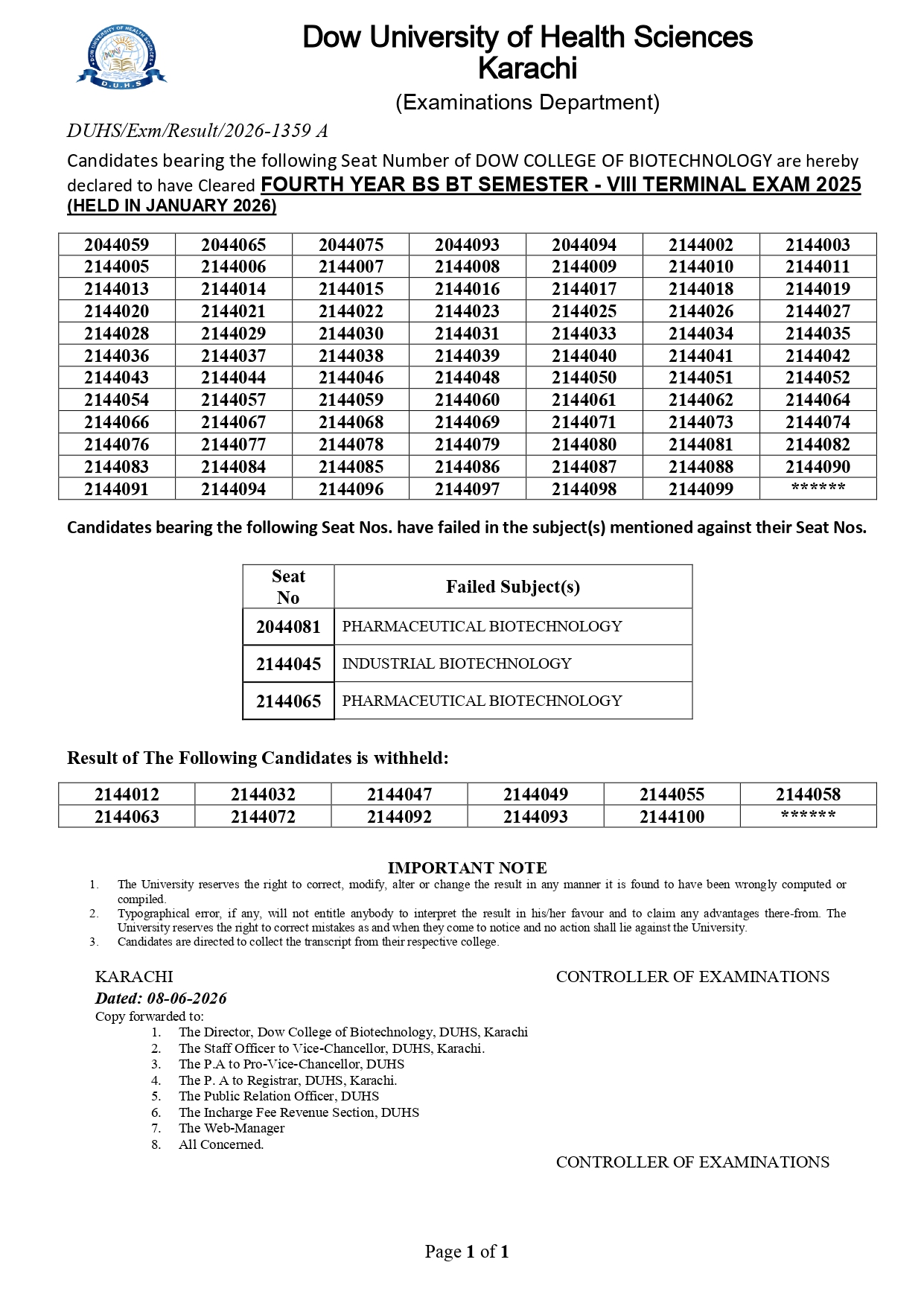 DUHS Announces BS Biotechnology Semester VIII Terminal Exam Result 2026
